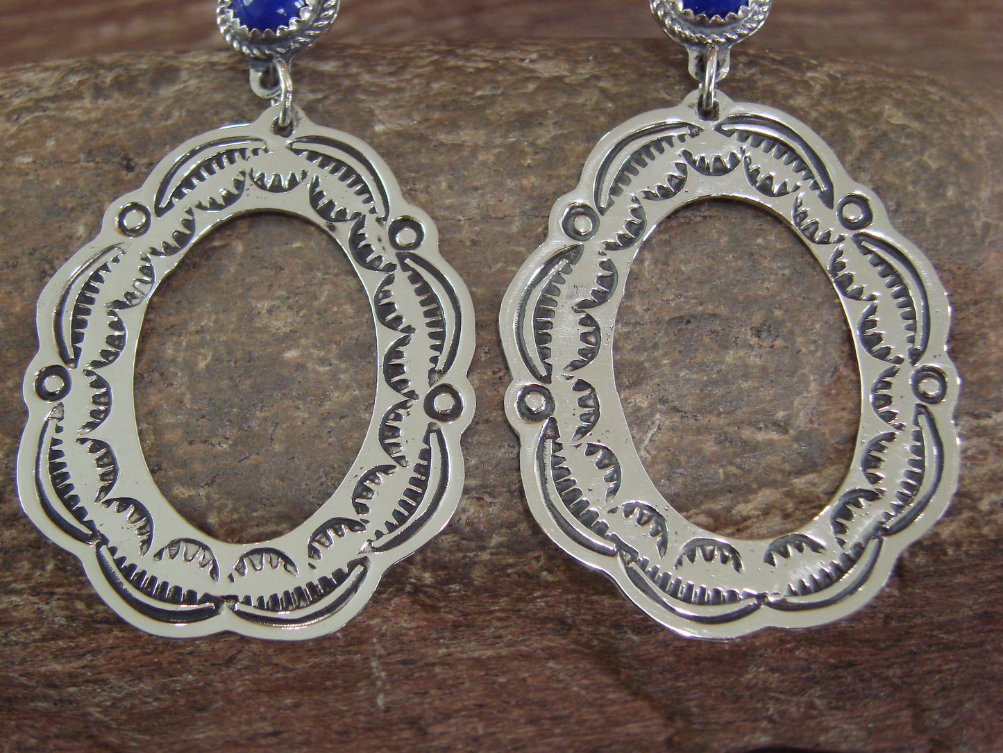 Navajo Indian Nickel Silver & Blue Lapis Dangle Post Earrings - Cleveland