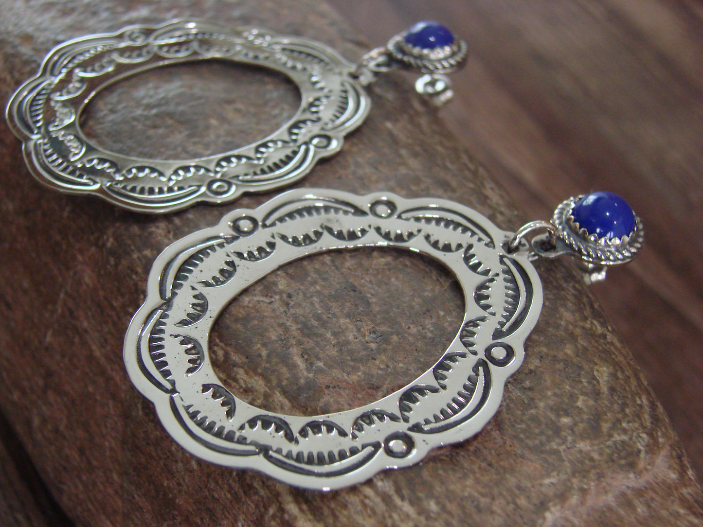 Navajo Indian Nickel Silver & Blue Lapis Dangle Post Earrings - Cleveland