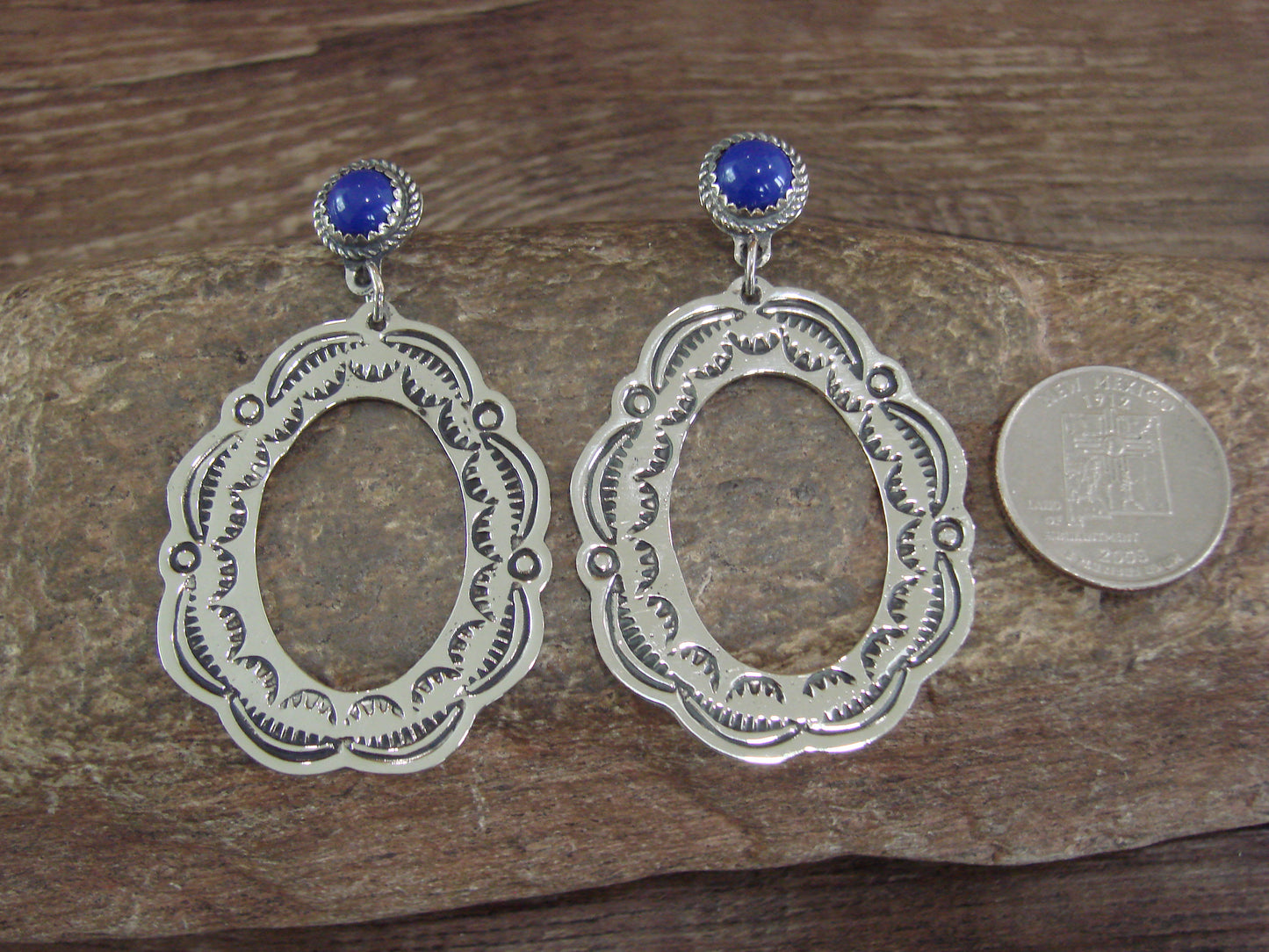 Navajo Indian Nickel Silver & Blue Lapis Dangle Post Earrings - Cleveland