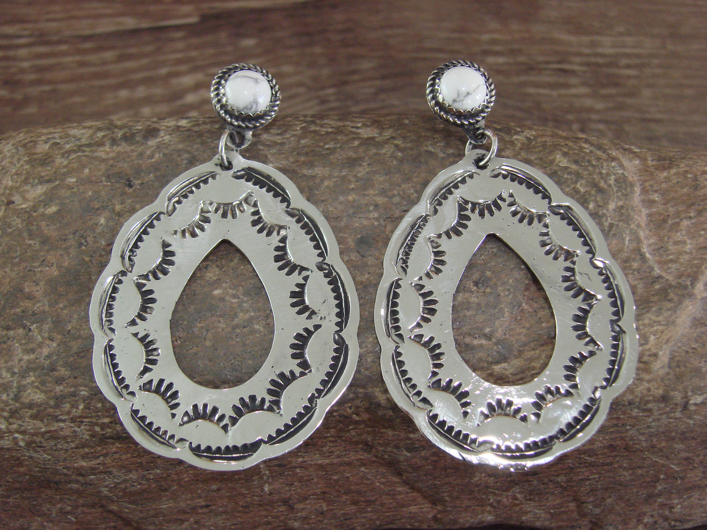 Navajo Indian Nickel Silver & Howlite Dangle Post Earrings - Cleveland