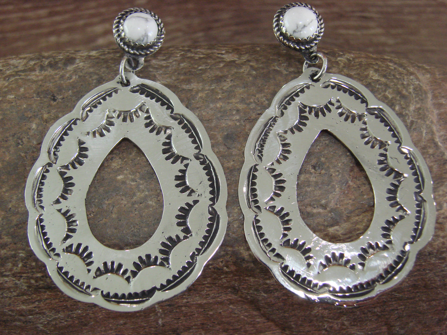 Navajo Indian Nickel Silver & Howlite Dangle Post Earrings - Cleveland