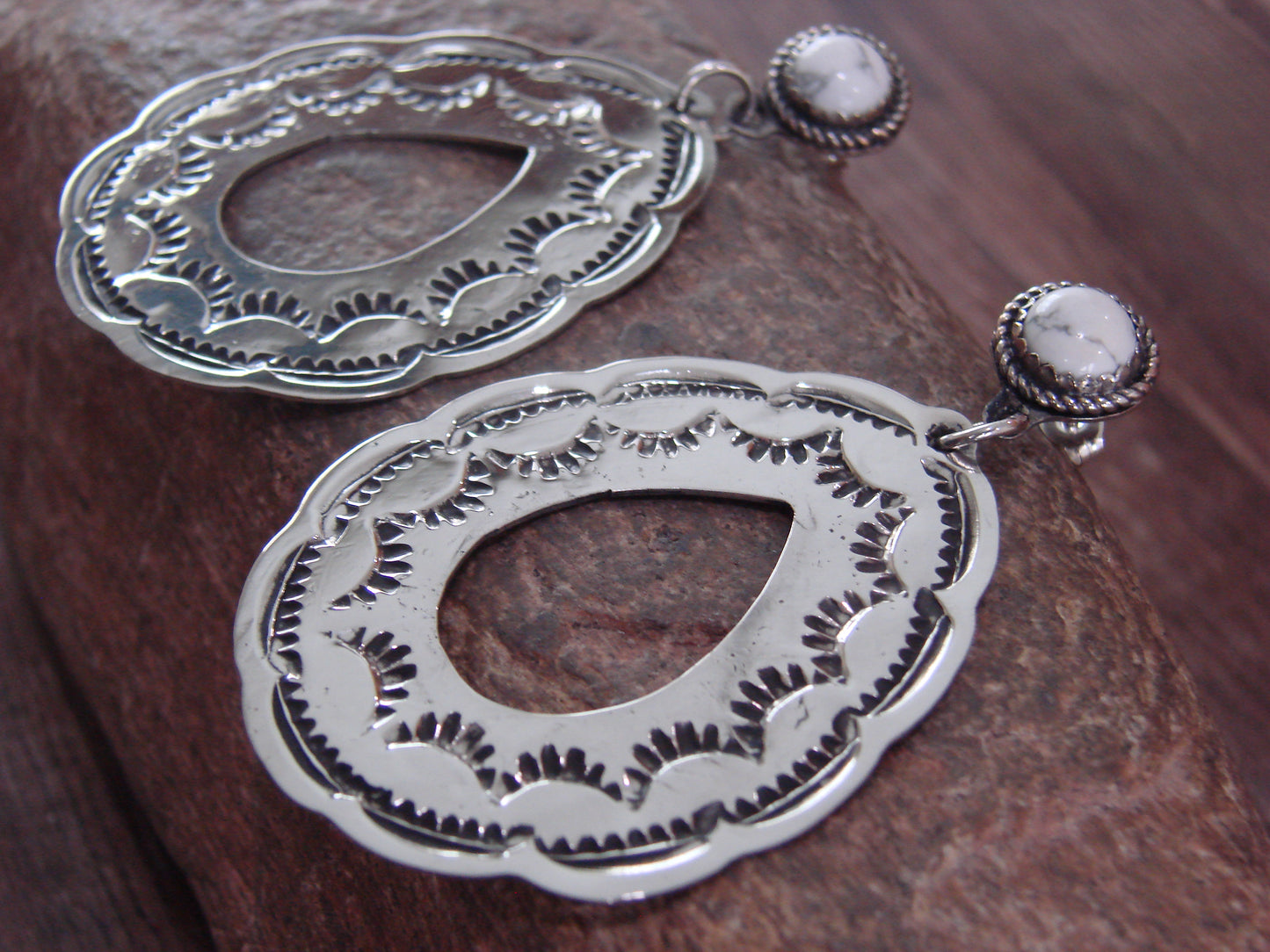 Navajo Indian Nickel Silver & Howlite Dangle Post Earrings - Cleveland