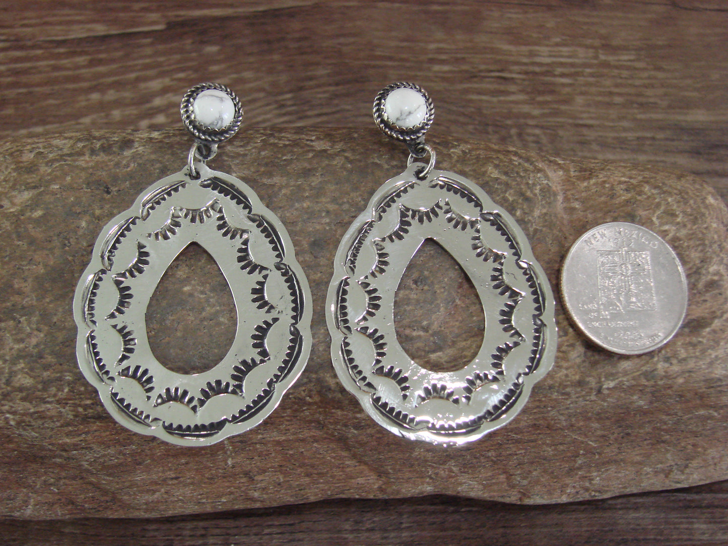 Navajo Indian Nickel Silver & Howlite Dangle Post Earrings - Cleveland