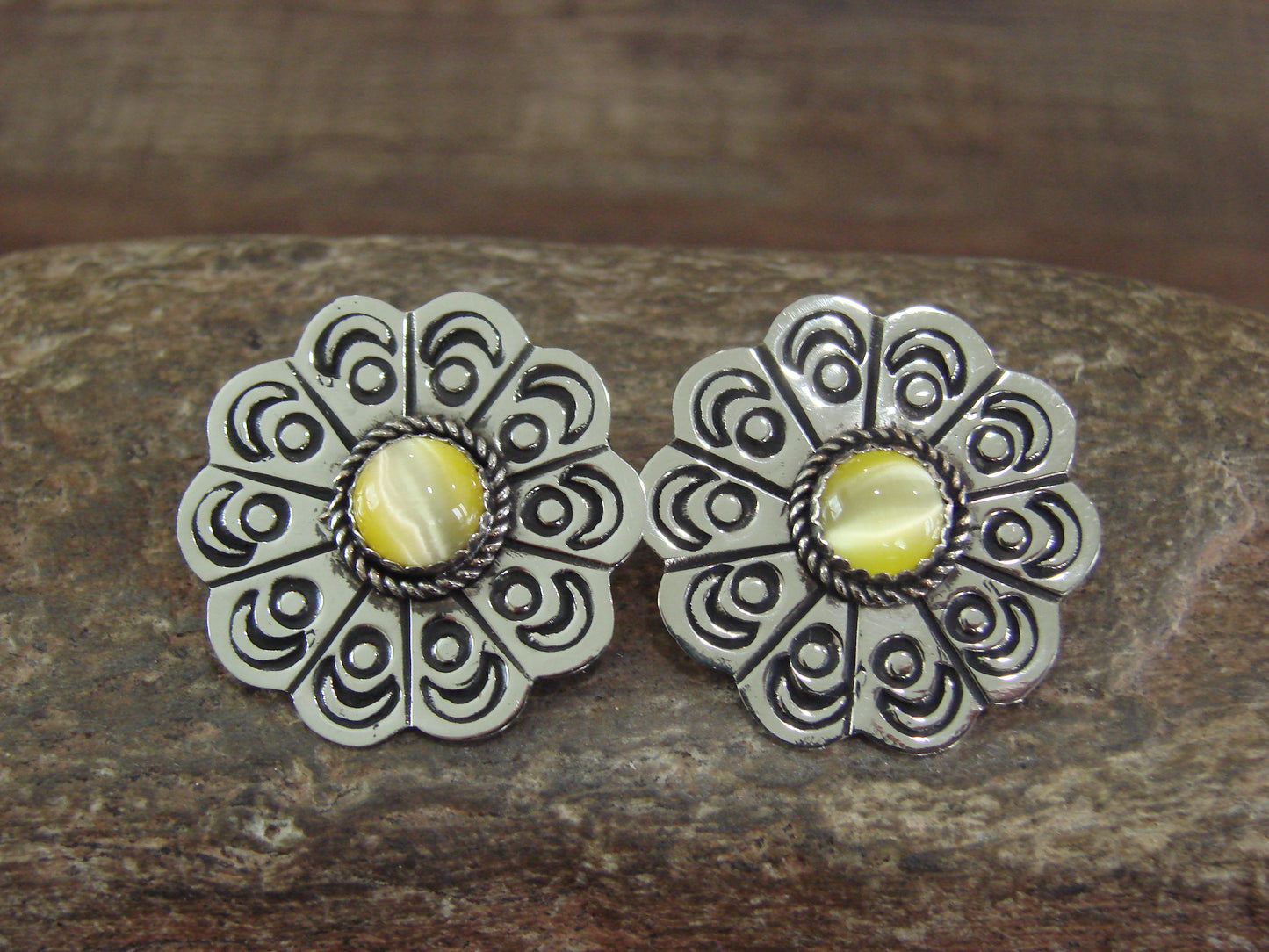 Navajo Nickel Silver & Yellow Marble Concho Post Earrings by Jackie Cleveland