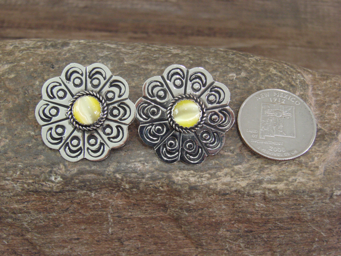 Navajo Nickel Silver & Yellow Marble Concho Post Earrings by Jackie Cleveland