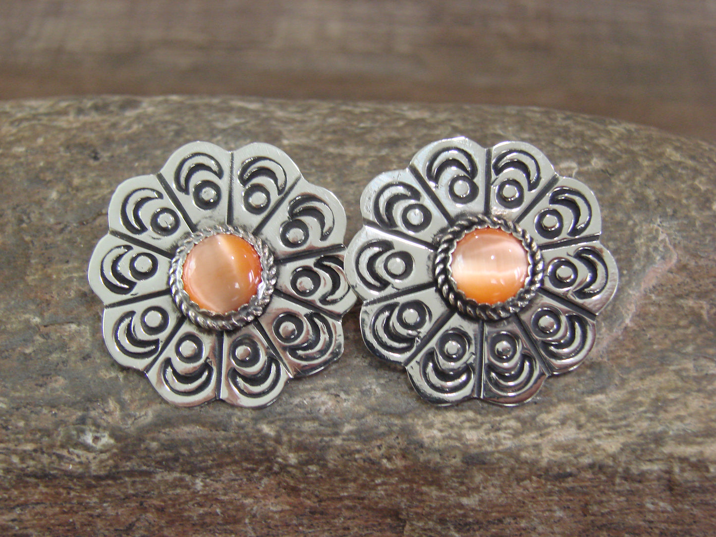 Navajo Nickel Silver & Orange Marble Concho Post Earrings by Jackie Cleveland