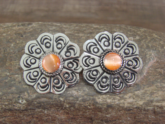 Navajo Nickel Silver & Orange Marble Concho Post Earrings by Jackie Cleveland