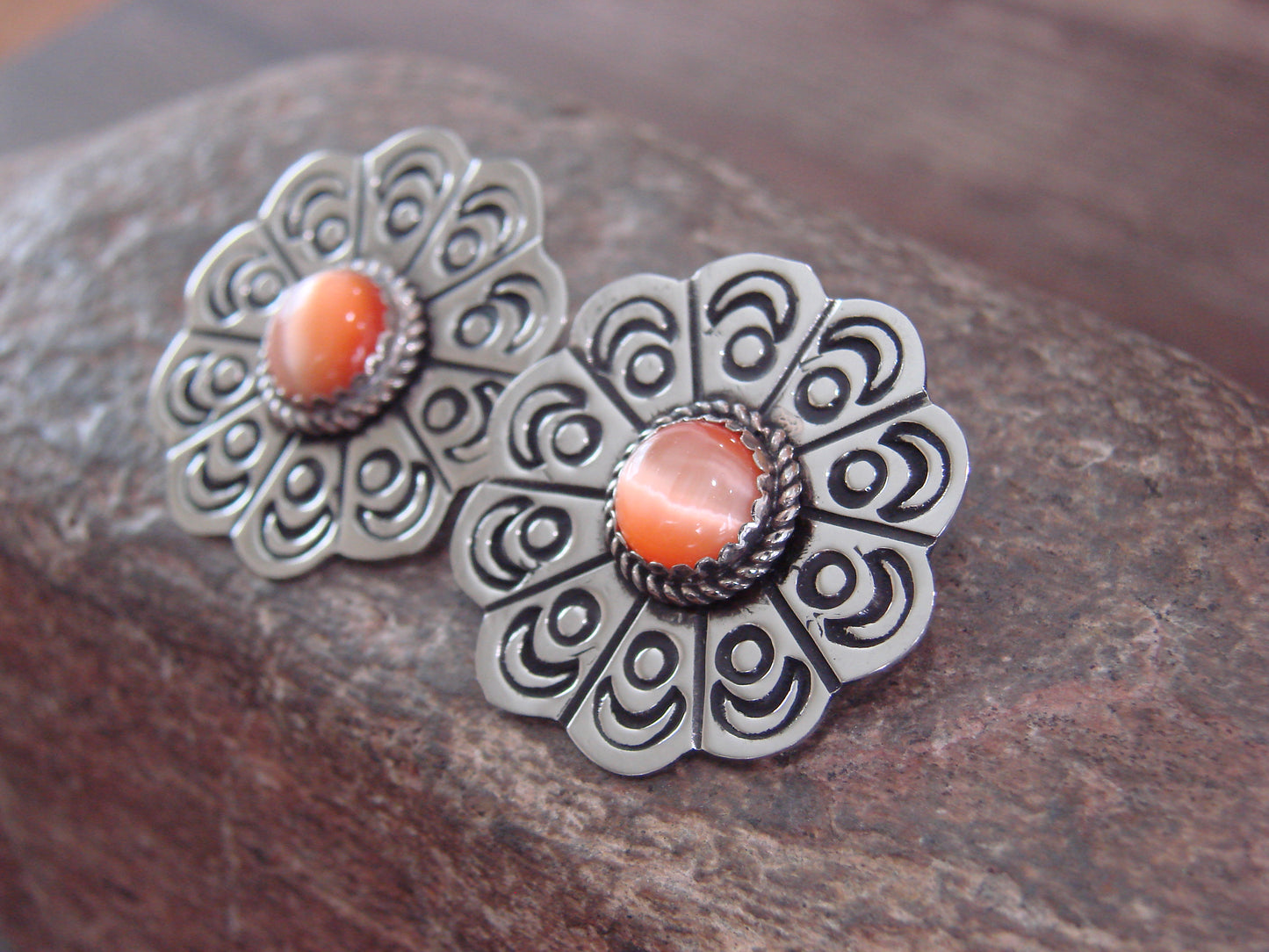 Navajo Nickel Silver & Orange Marble Concho Post Earrings by Jackie Cleveland