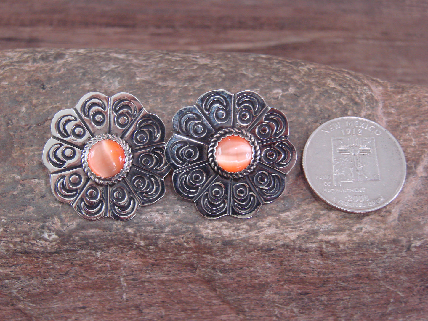 Navajo Nickel Silver & Orange Marble Concho Post Earrings by Jackie Cleveland