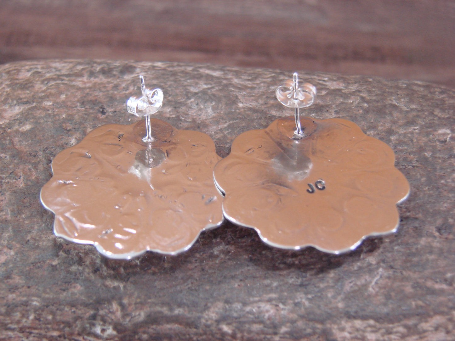 Navajo Nickel Silver & Orange Marble Concho Post Earrings by Jackie Cleveland