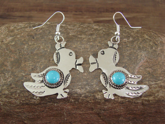 Navajo Indian Nickel Silver & Turquoise Duck Dangle Earrings - Cleveland