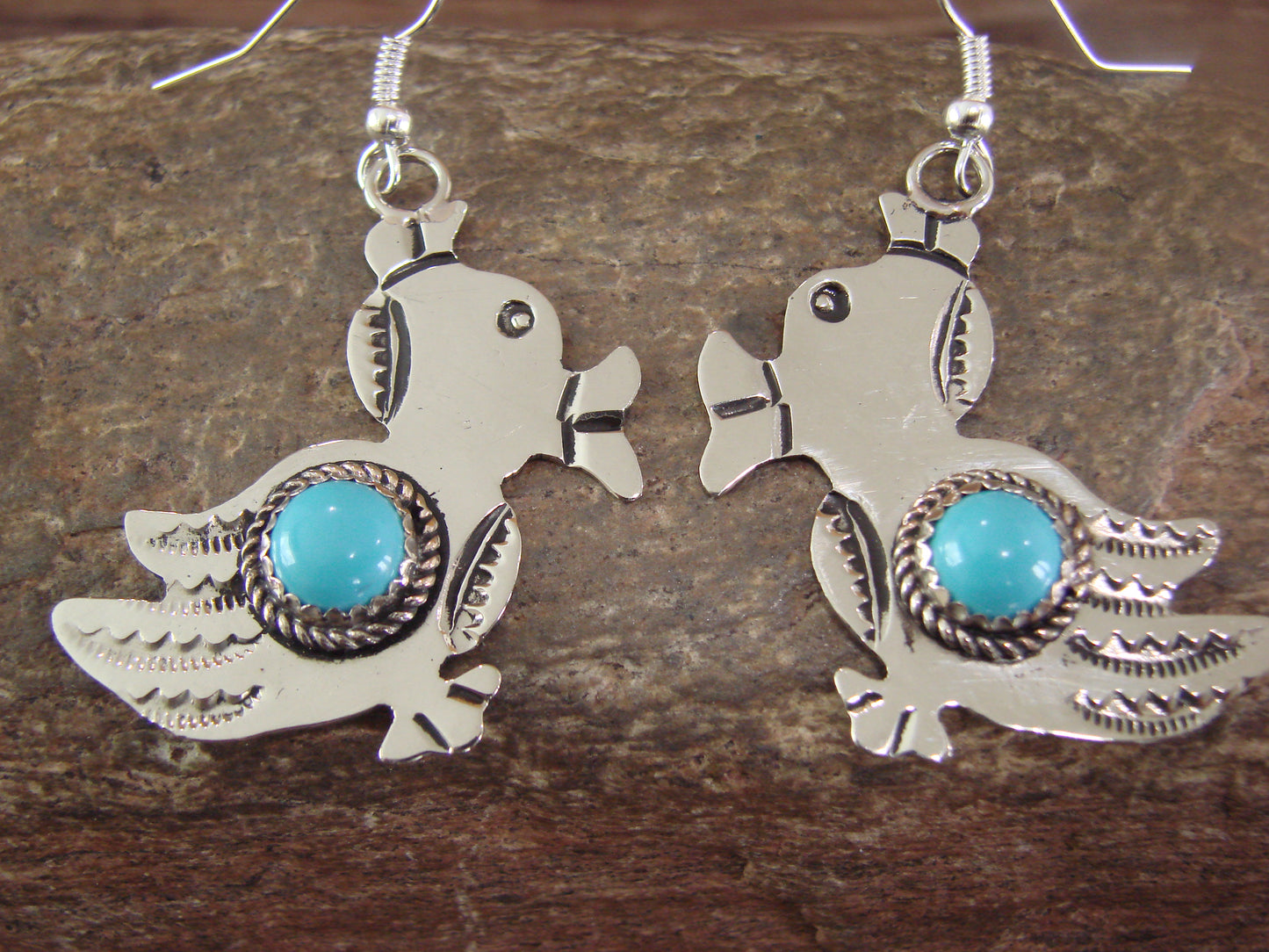 Navajo Indian Nickel Silver & Turquoise Duck Dangle Earrings - Cleveland