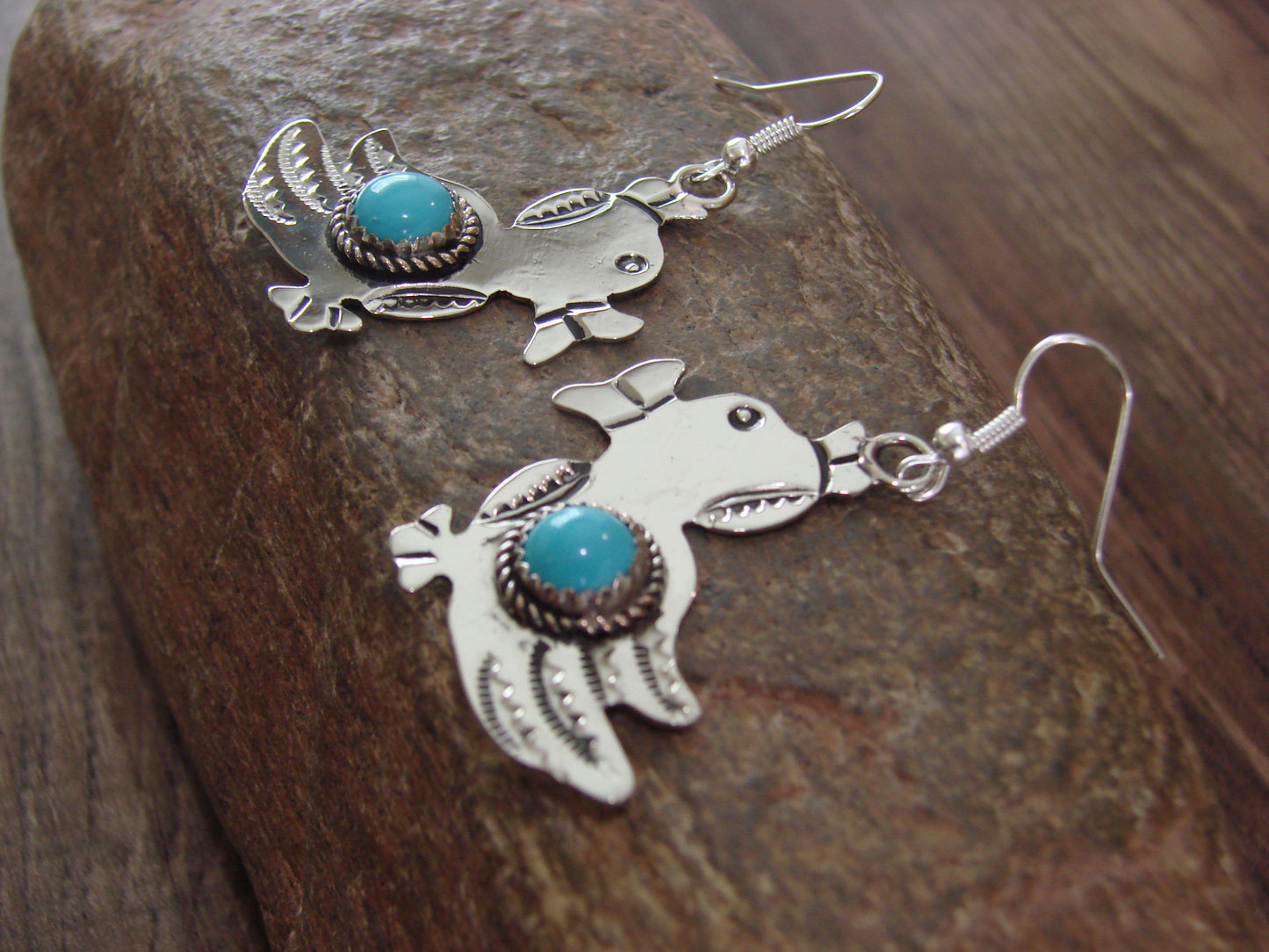 Navajo Indian Nickel Silver & Turquoise Duck Dangle Earrings - Cleveland
