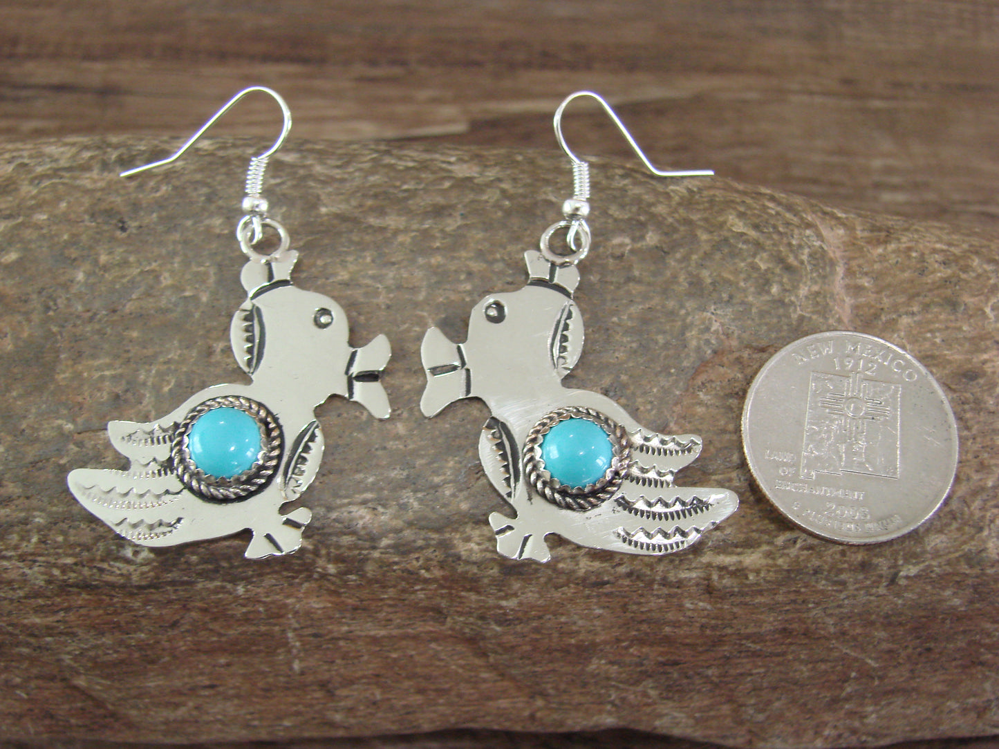 Navajo Indian Nickel Silver & Turquoise Duck Dangle Earrings - Cleveland