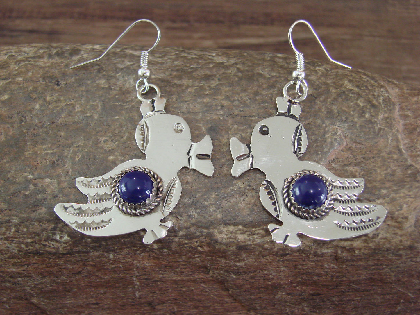 Navajo Indian Nickel Silver & Lapis Duck Dangle Earrings - Cleveland