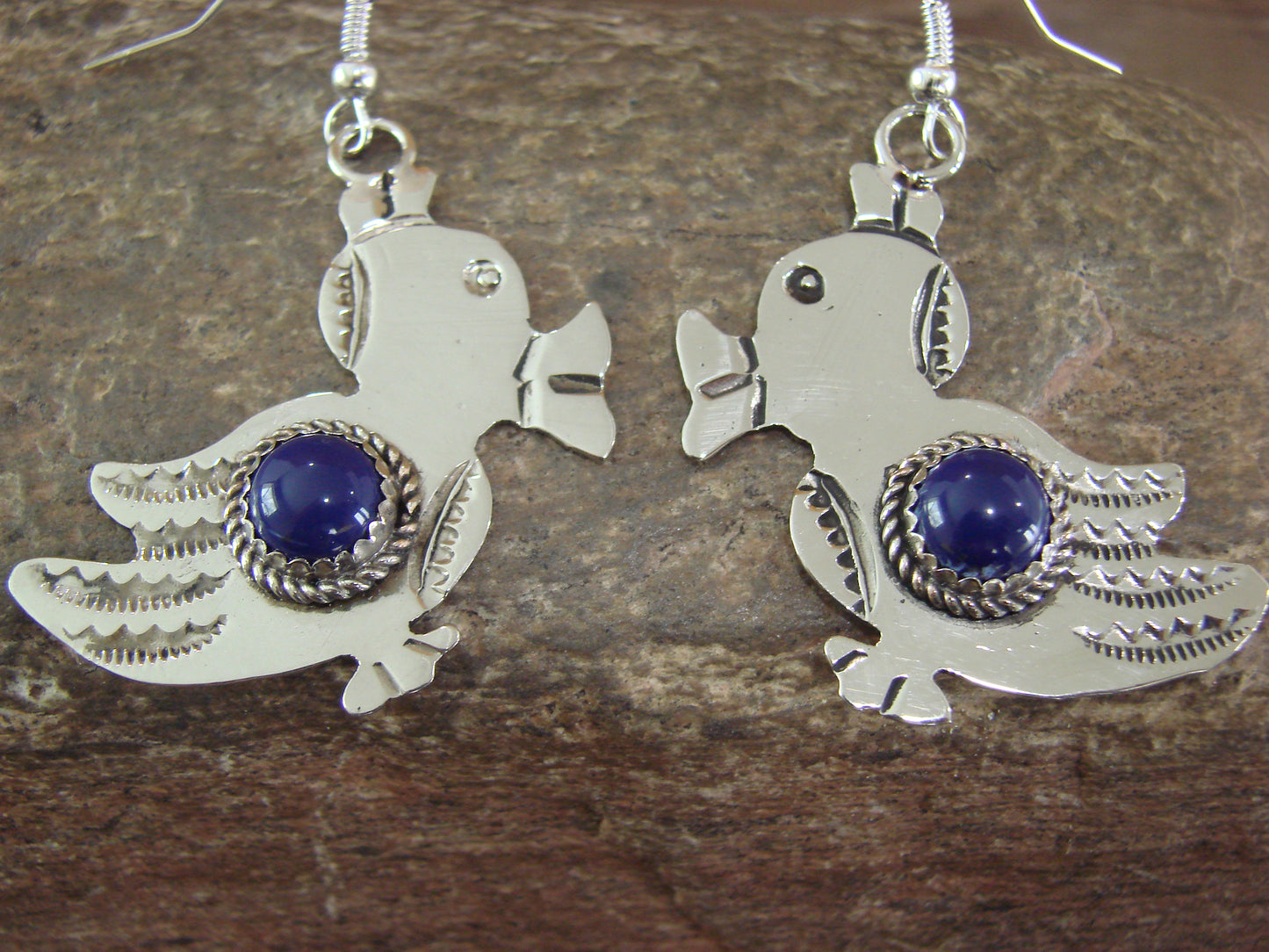 Navajo Indian Nickel Silver & Lapis Duck Dangle Earrings - Cleveland