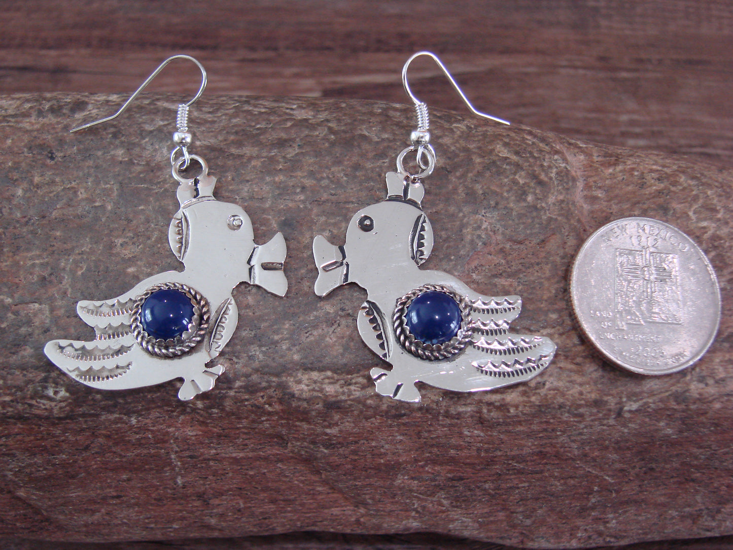 Navajo Indian Nickel Silver & Lapis Duck Dangle Earrings - Cleveland