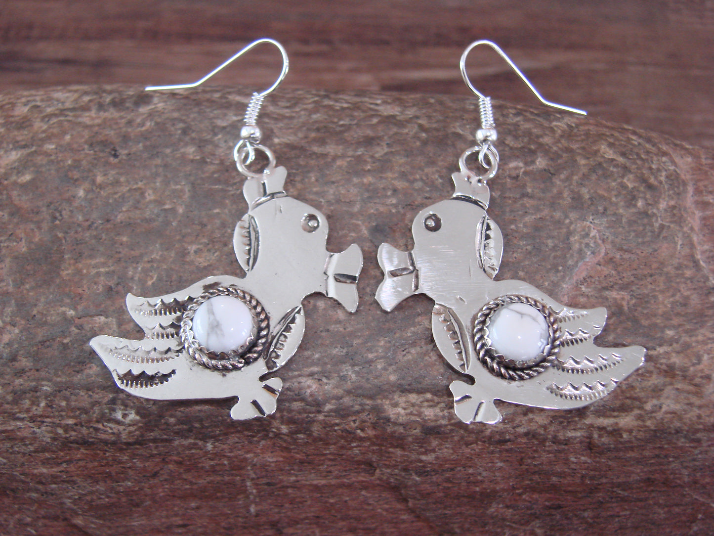 Navajo Indian Nickel Silver & Howlite Duck Dangle Earrings - Cleveland