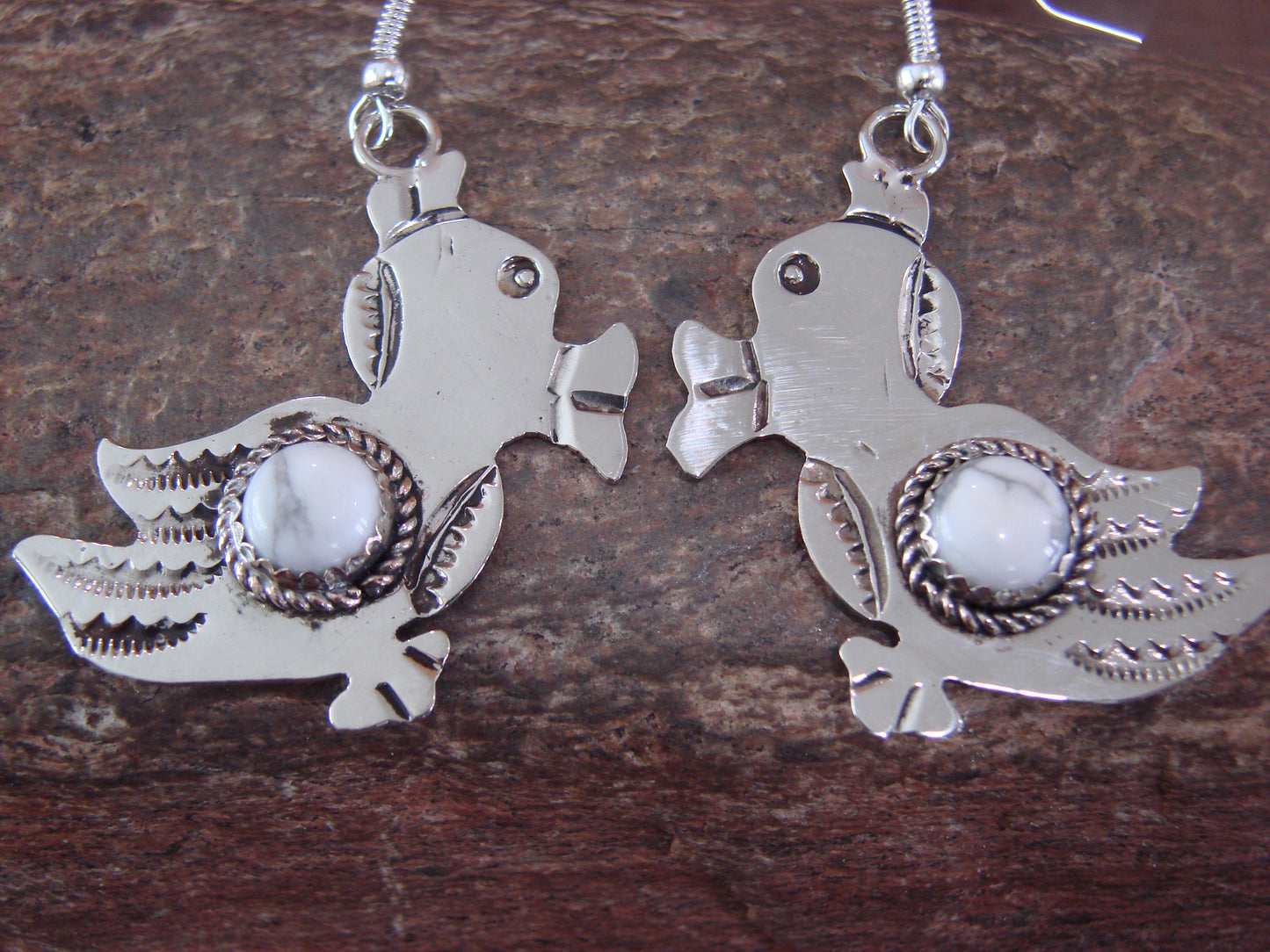 Navajo Indian Nickel Silver & Howlite Duck Dangle Earrings - Cleveland