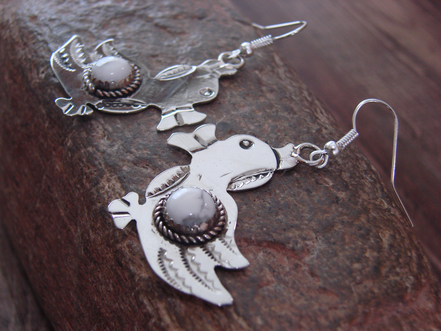 Navajo Indian Nickel Silver & Howlite Duck Dangle Earrings - Cleveland