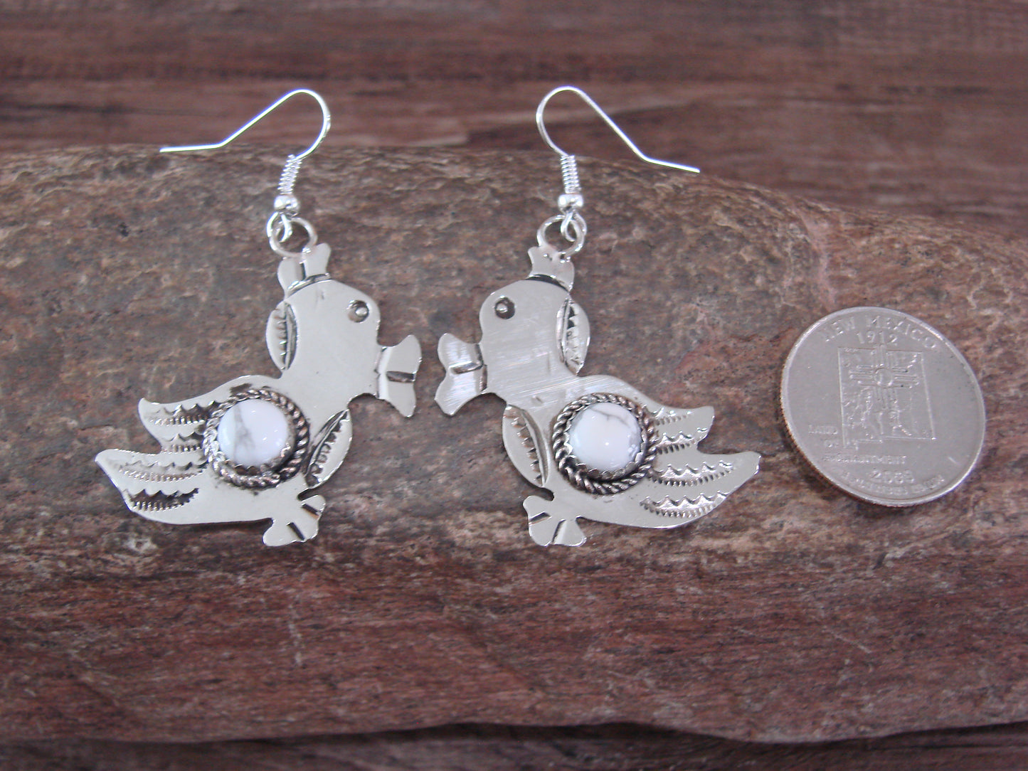 Navajo Indian Nickel Silver & Howlite Duck Dangle Earrings - Cleveland