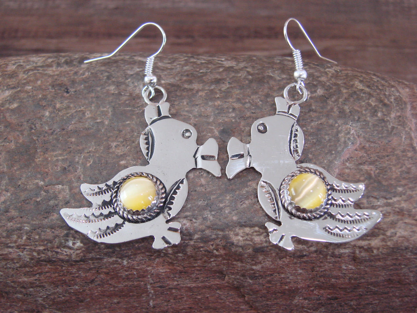 Navajo Indian Nickel Silver & Yellow Marble Duck Dangle Earrings - Cleveland
