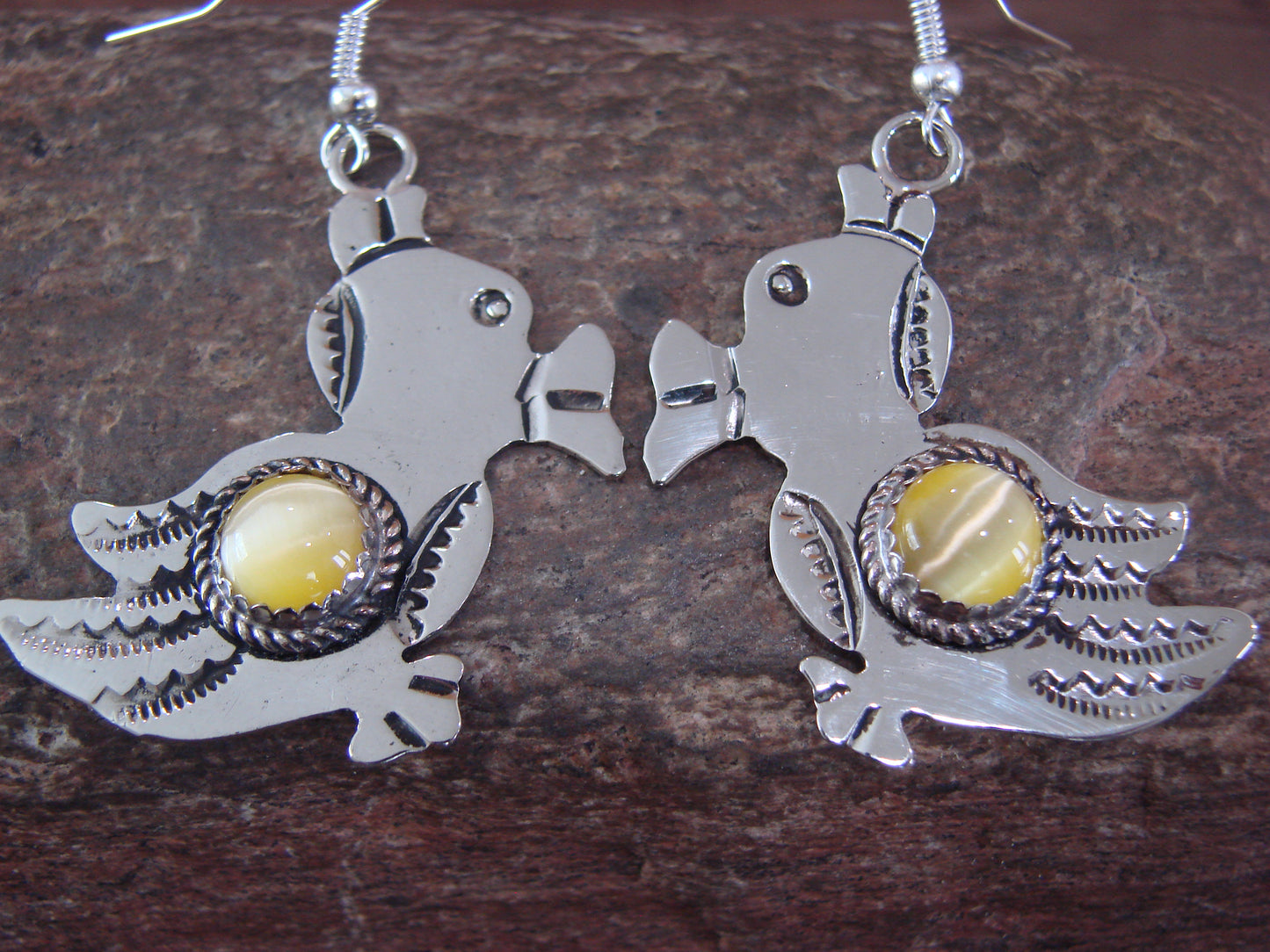 Navajo Indian Nickel Silver & Yellow Marble Duck Dangle Earrings - Cleveland