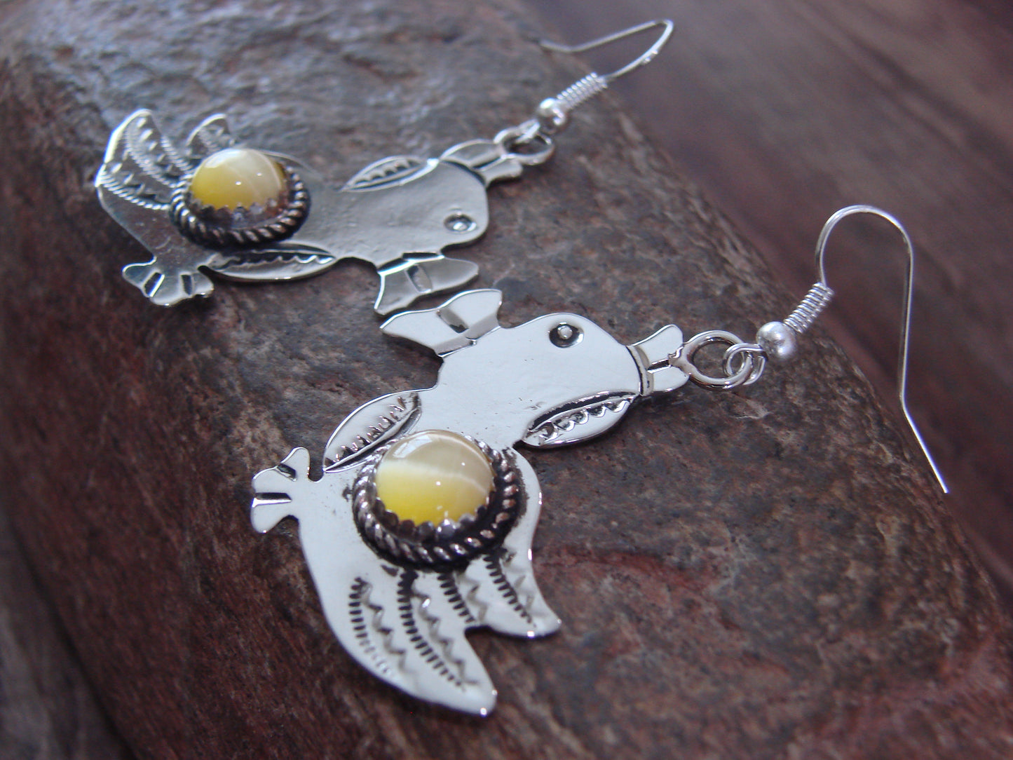 Navajo Indian Nickel Silver & Yellow Marble Duck Dangle Earrings - Cleveland