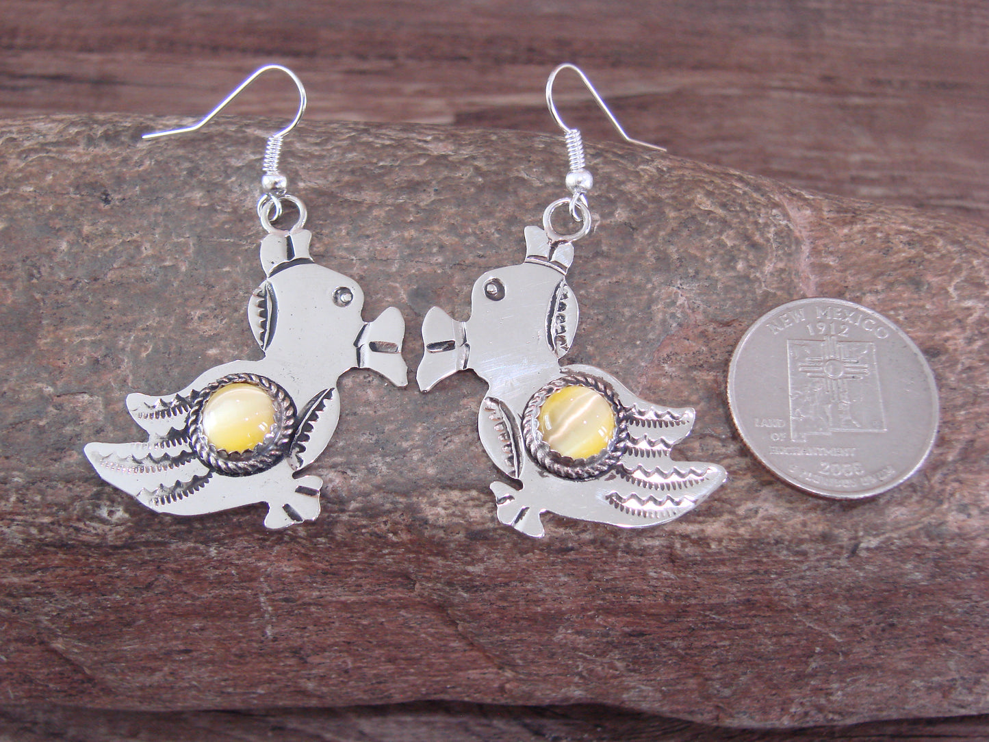 Navajo Indian Nickel Silver & Yellow Marble Duck Dangle Earrings - Cleveland