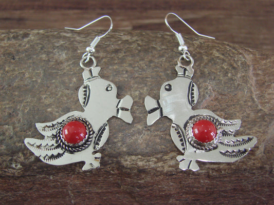 Navajo Indian Nickel Silver & Coral Duck Dangle Earrings - Cleveland