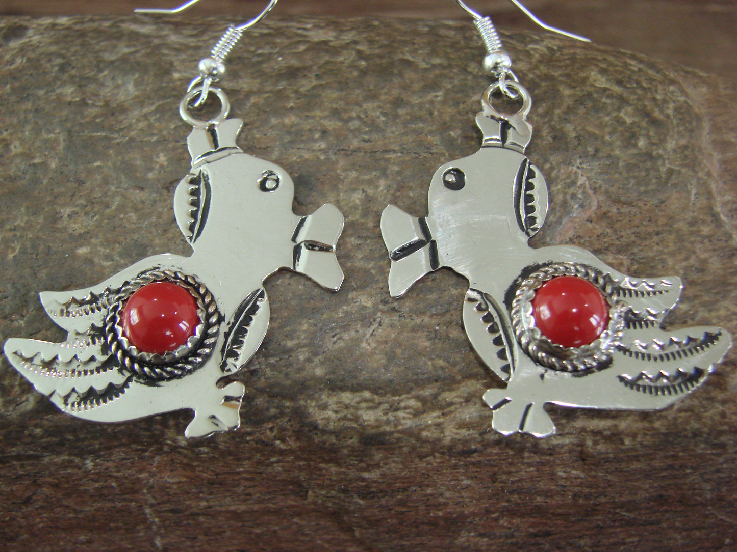 Navajo Indian Nickel Silver & Coral Duck Dangle Earrings - Cleveland