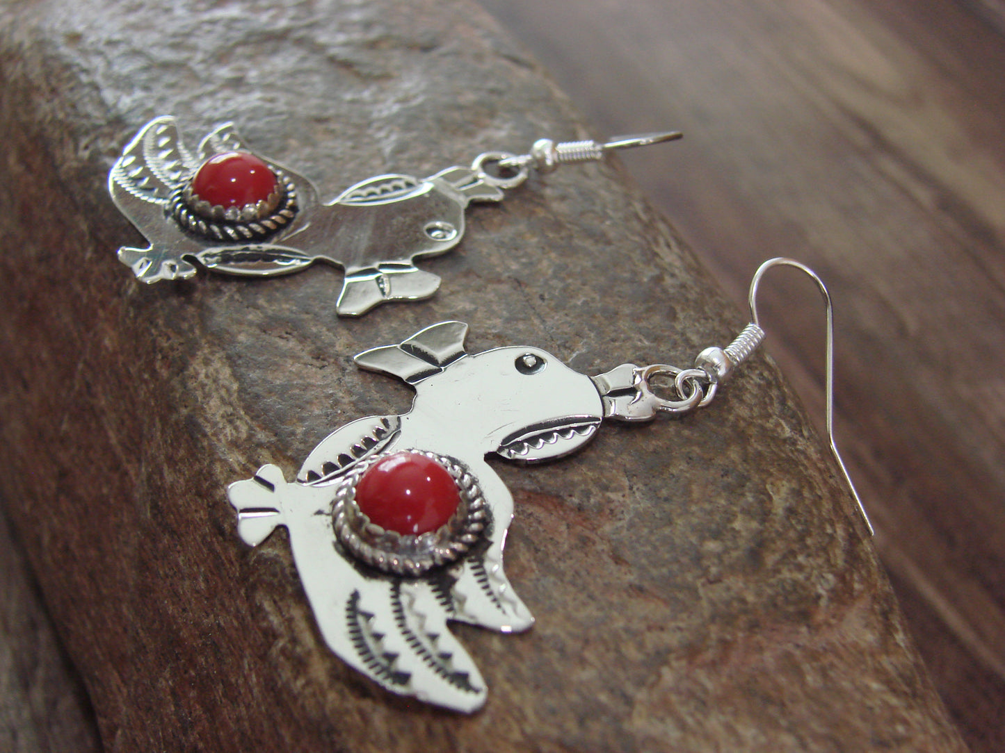 Navajo Indian Nickel Silver & Coral Duck Dangle Earrings - Cleveland