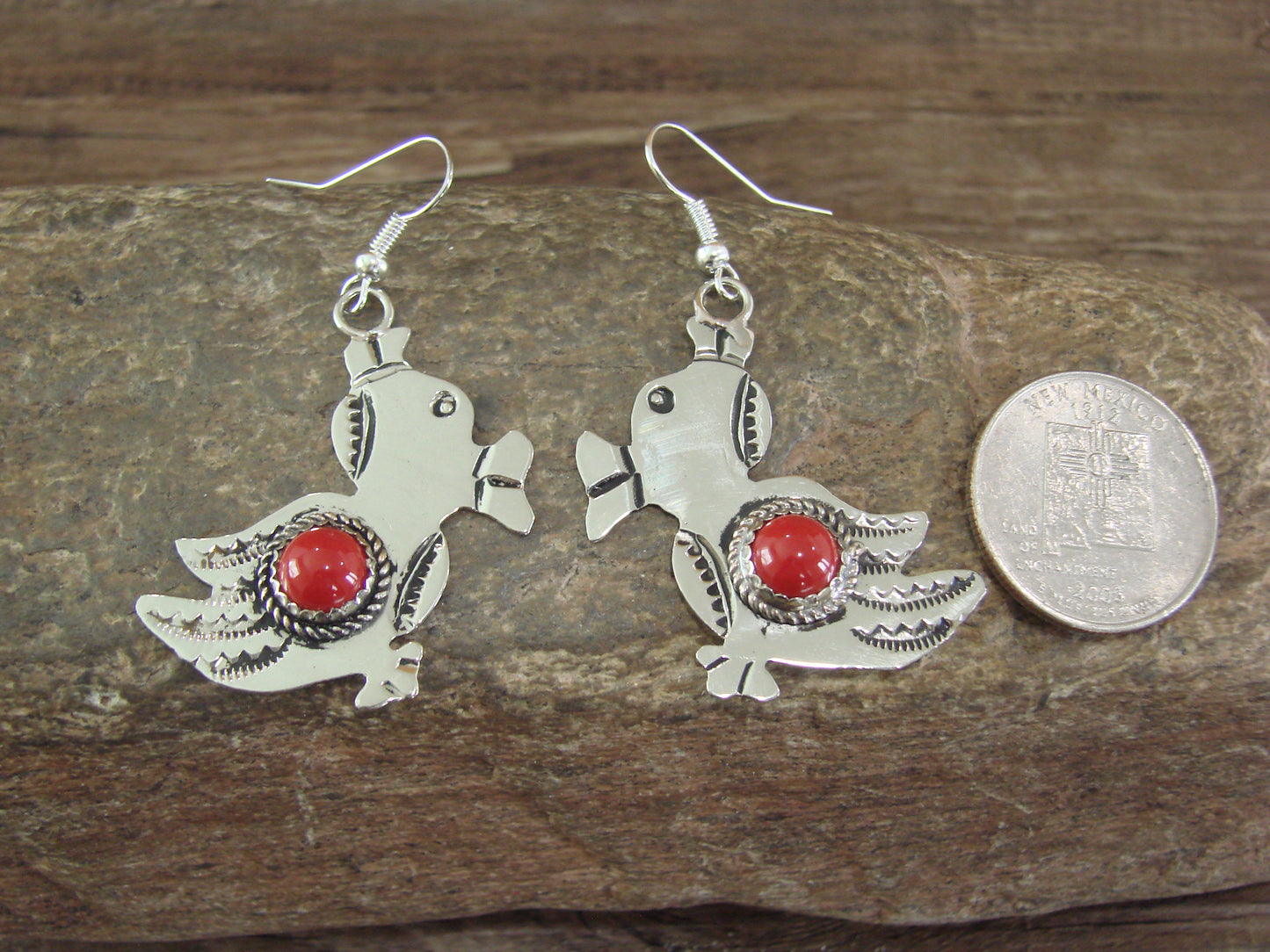 Navajo Indian Nickel Silver & Coral Duck Dangle Earrings - Cleveland