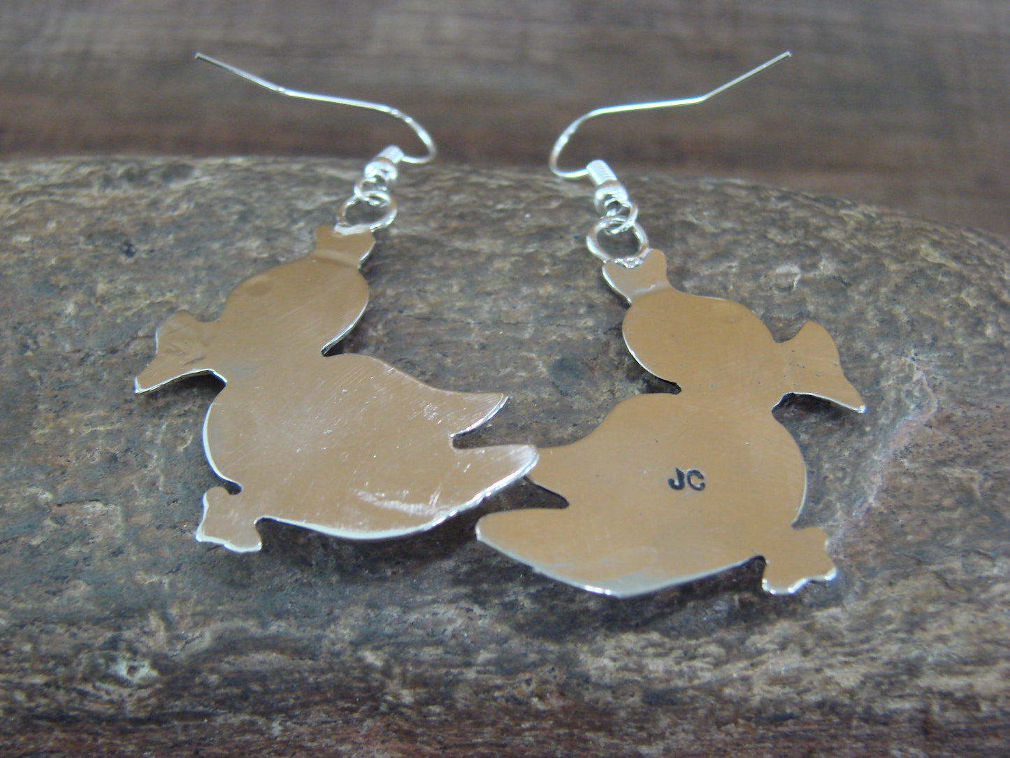Navajo Indian Nickel Silver & Coral Duck Dangle Earrings - Cleveland