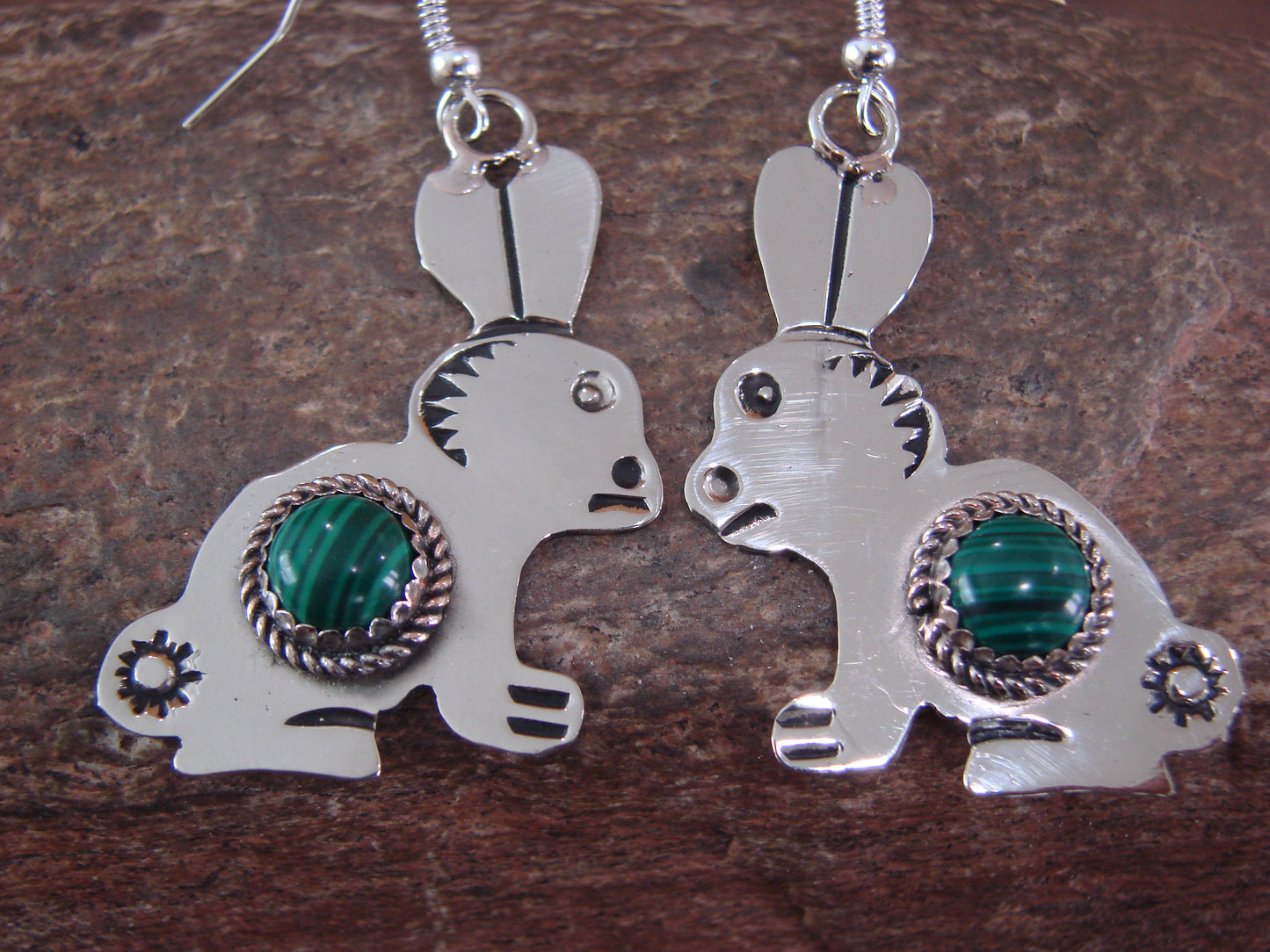 Navajo Indian Nickel Silver & Malachite Rabbit Dangle Earrings - Cleveland