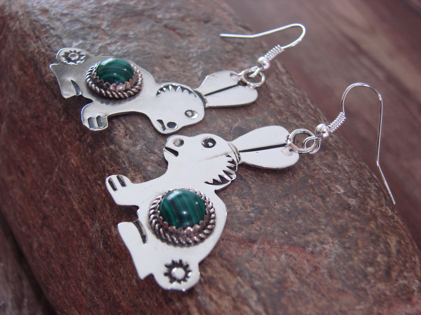Navajo Indian Nickel Silver & Malachite Rabbit Dangle Earrings - Cleveland