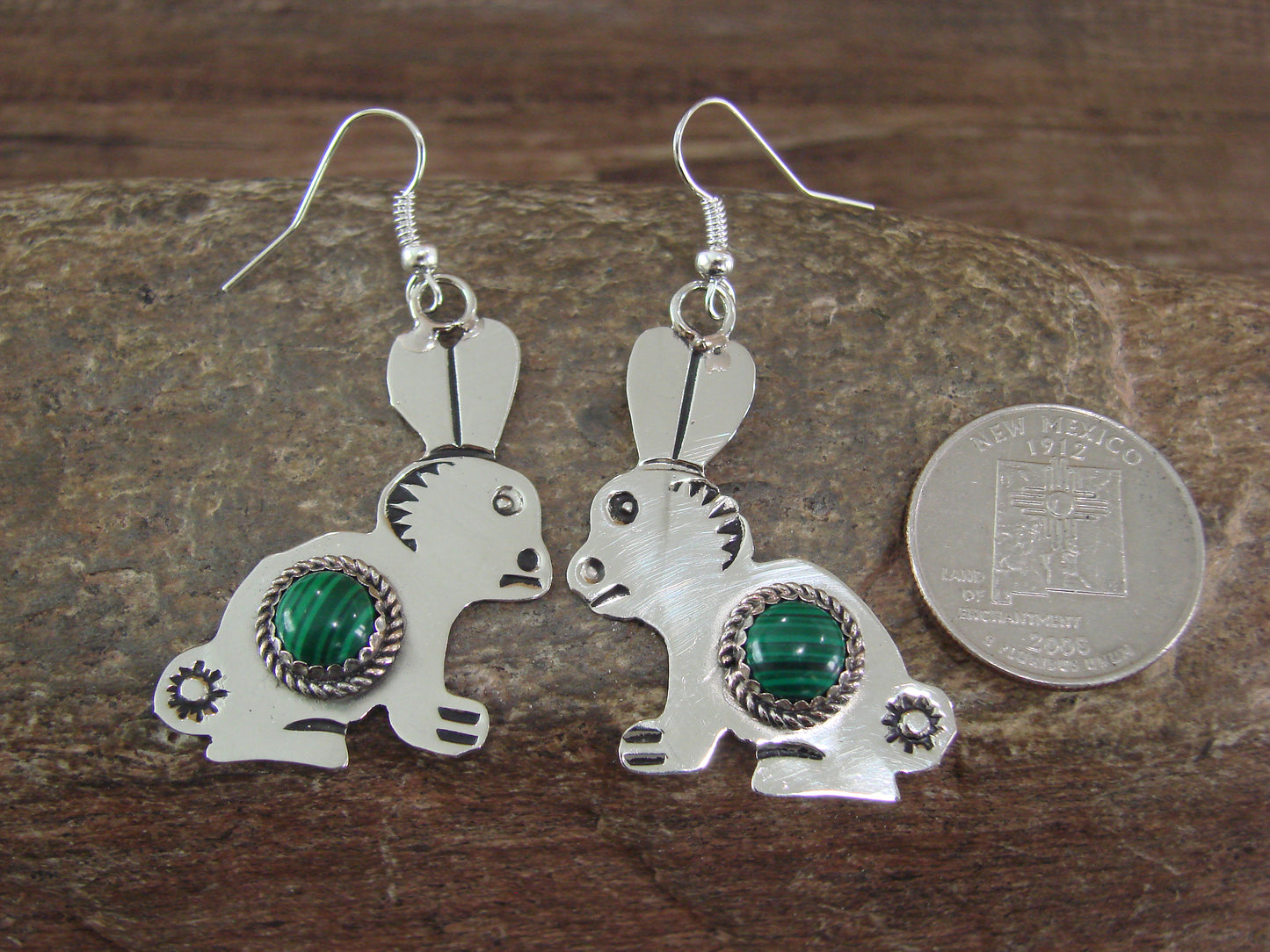 Navajo Indian Nickel Silver & Malachite Rabbit Dangle Earrings - Cleveland