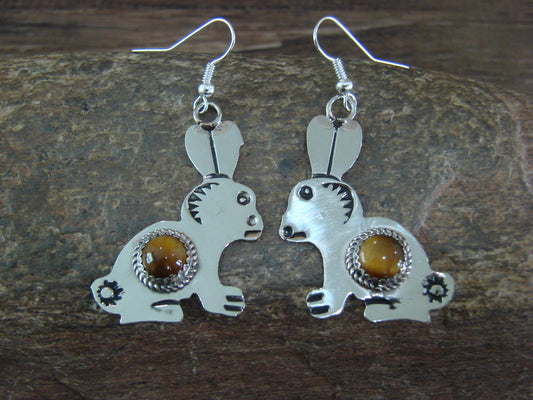 Navajo Indian Nickel Silver & Tiger Eye Rabbit Dangle Earrings - Cleveland