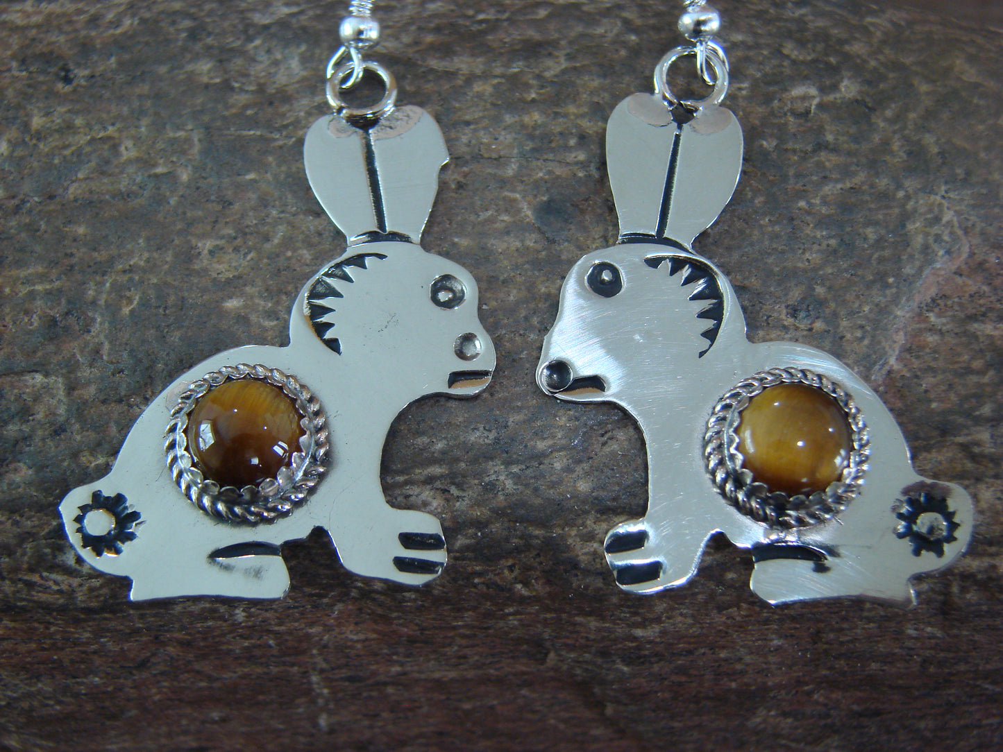 Navajo Indian Nickel Silver & Tiger Eye Rabbit Dangle Earrings - Cleveland