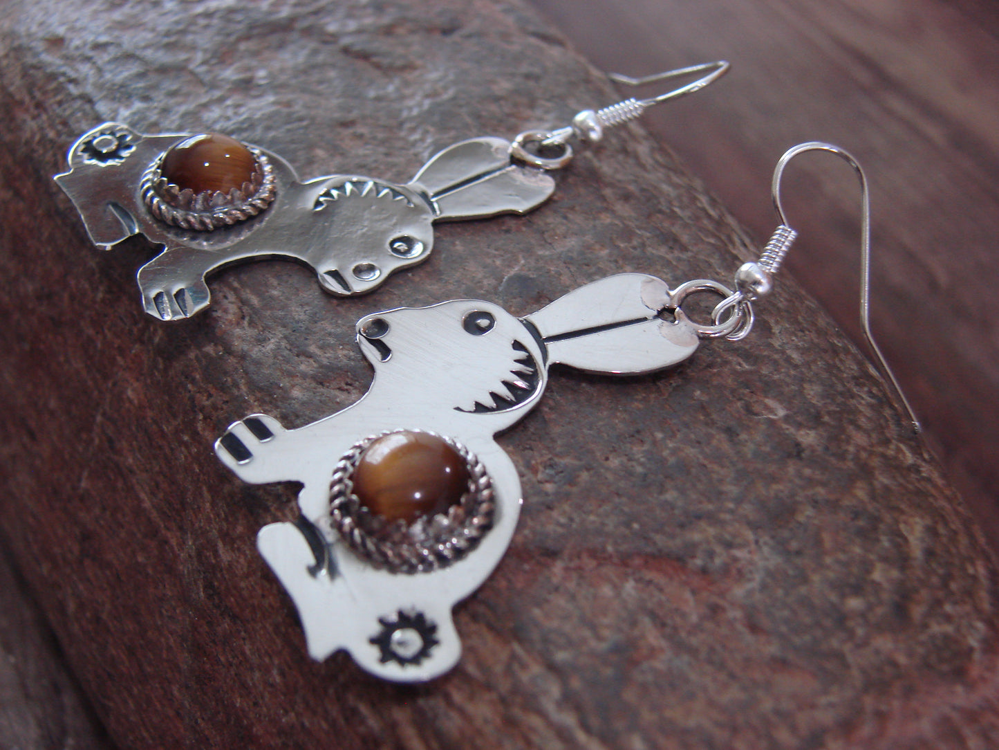 Navajo Indian Nickel Silver & Tiger Eye Rabbit Dangle Earrings - Cleveland