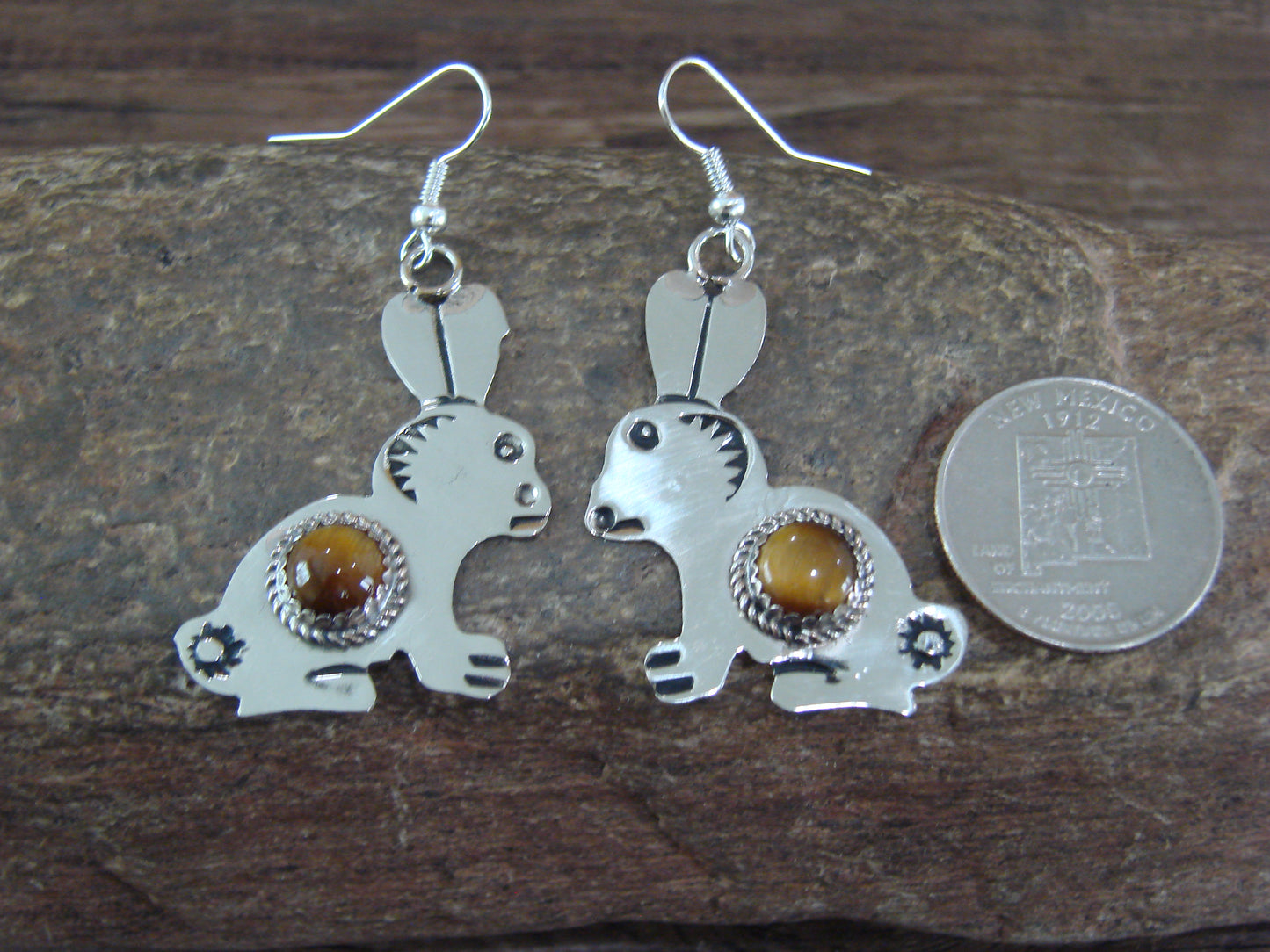 Navajo Indian Nickel Silver & Tiger Eye Rabbit Dangle Earrings - Cleveland