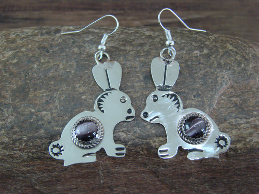 Navajo Indian Nickel Silver & Purple Marble Rabbit Dangle Earrings - Cleveland