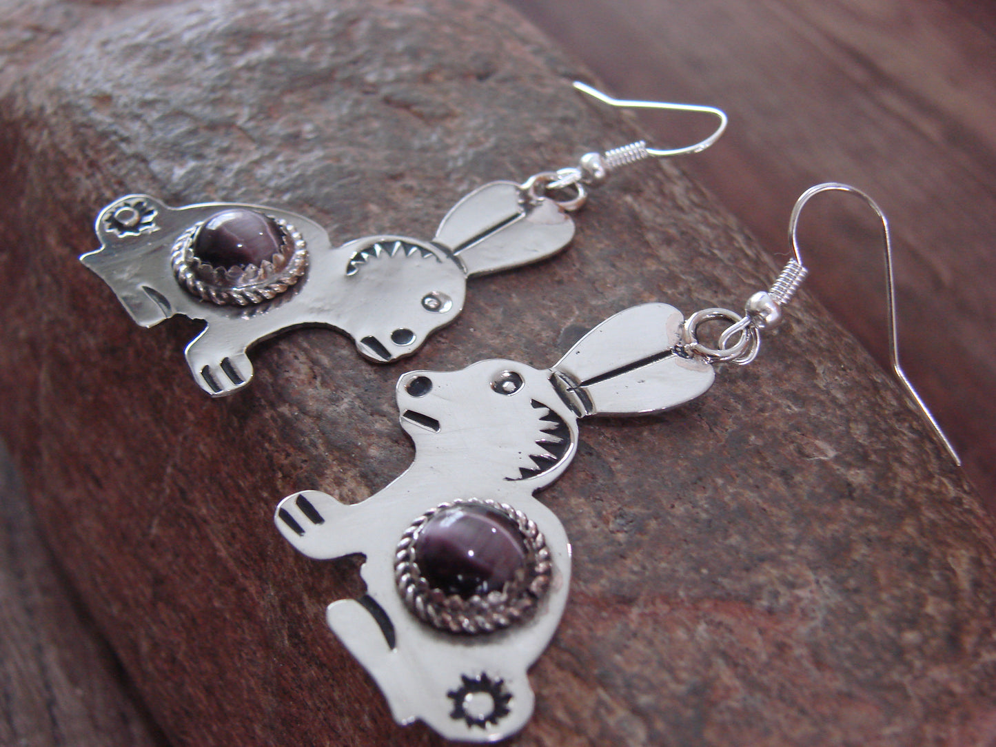 Navajo Indian Nickel Silver & Purple Marble Rabbit Dangle Earrings - Cleveland