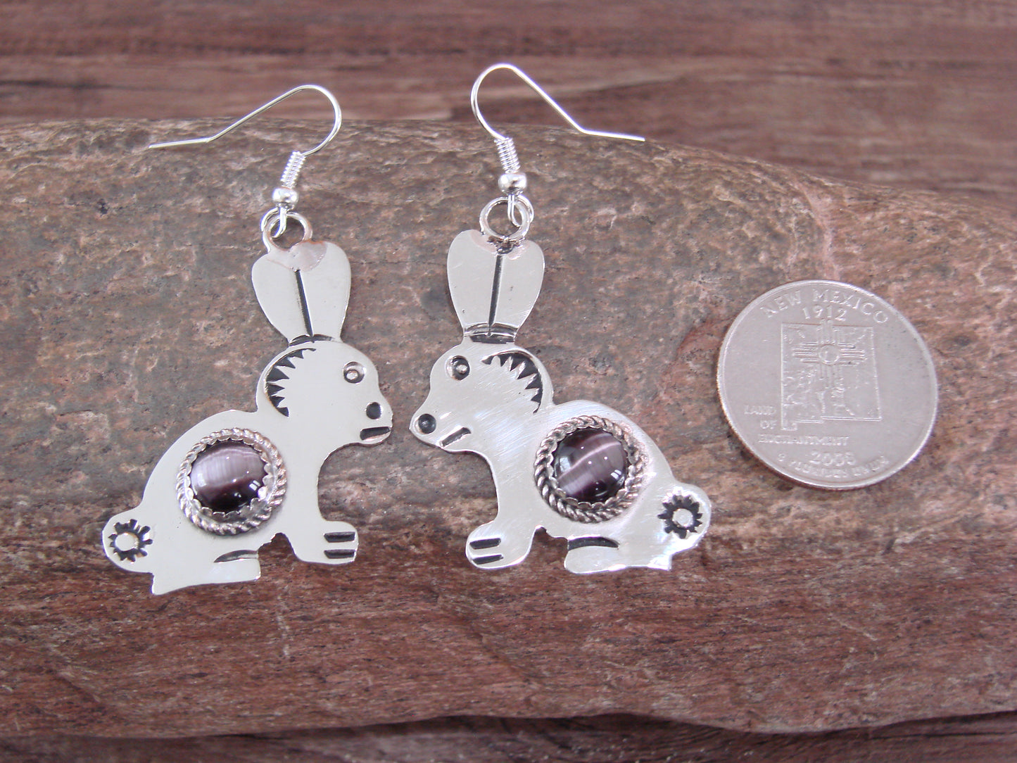 Navajo Indian Nickel Silver & Purple Marble Rabbit Dangle Earrings - Cleveland
