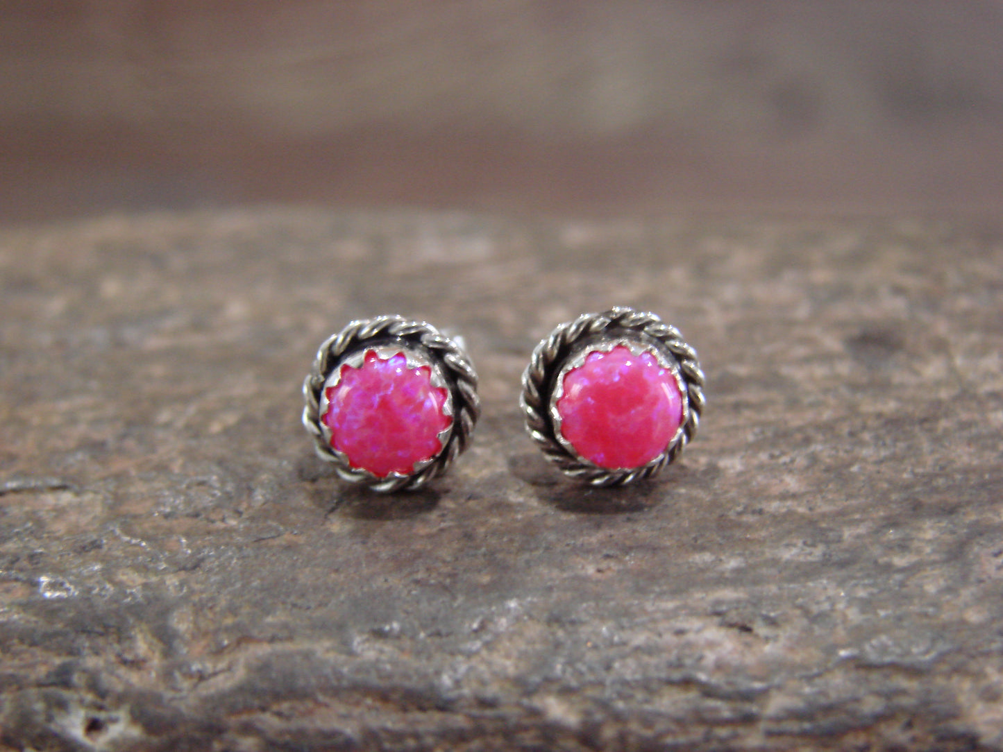 Navajo Indian Sterling Silver 5/16" Round Pink Opal Post Earrings by Cachini