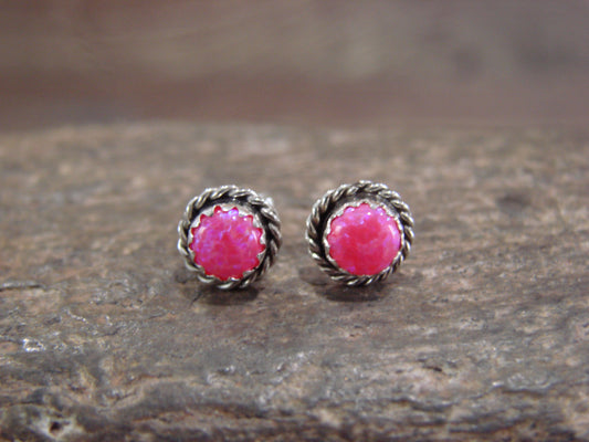 Navajo Indian Sterling Silver 5/16" Round Pink Opal Post Earrings by Cachini