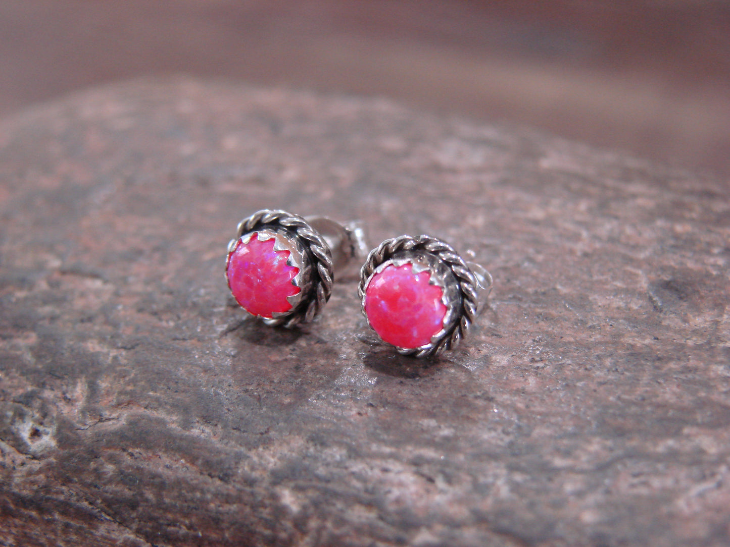 Navajo Indian Sterling Silver 5/16" Round Pink Opal Post Earrings by Cachini