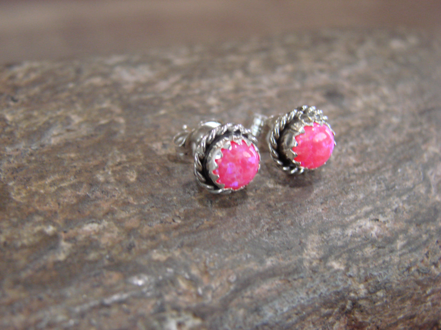 Navajo Indian Sterling Silver 5/16" Round Pink Opal Post Earrings by Cachini