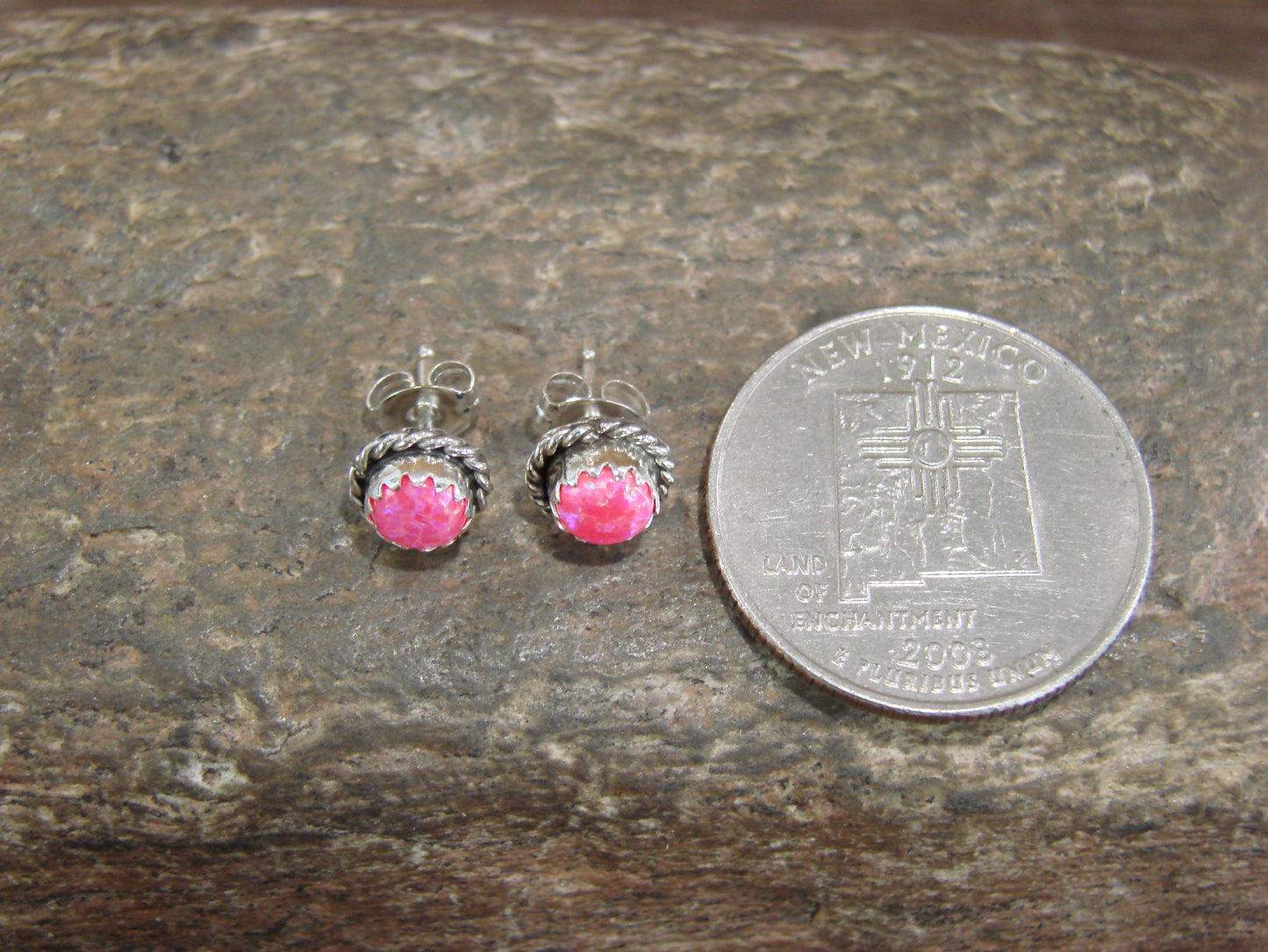 Navajo Indian Sterling Silver 5/16" Round Pink Opal Post Earrings by Cachini