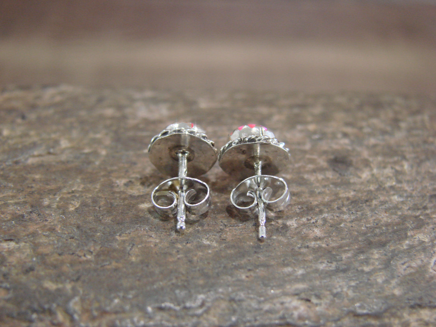 Navajo Indian Sterling Silver 5/16" Round Pink Opal Post Earrings by Cachini